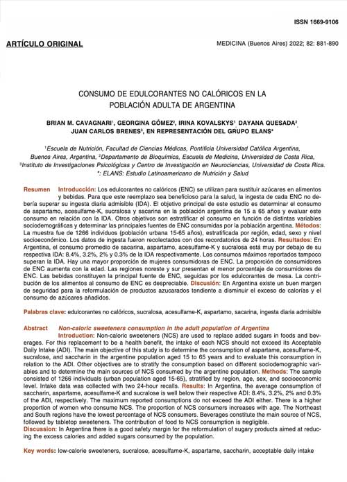 <strong>Consumo de edulcorantes no calóricos en la población adulta de Argentina</strong>