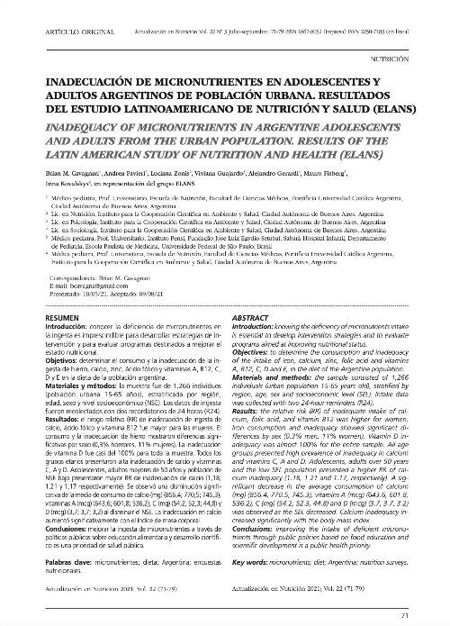 <strong>Inadecuación de micronutrientes en adolescentes y adultos argentinos de población urbana.</strong> Resultados del Estudio Latinoamericano de Nutrición y Salud (ELANS)